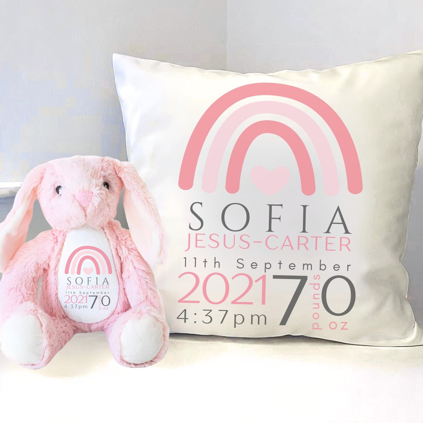 Personalised Baby New Born Bunny & Cushion set