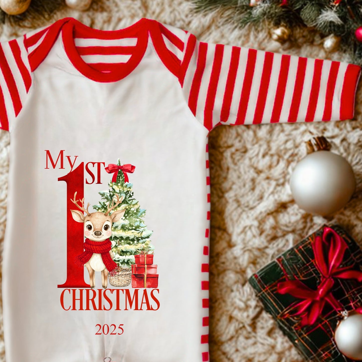 My First Christmas Baby Bib – 2025 Reindeer in Scarf Bib for Newborns & Infants