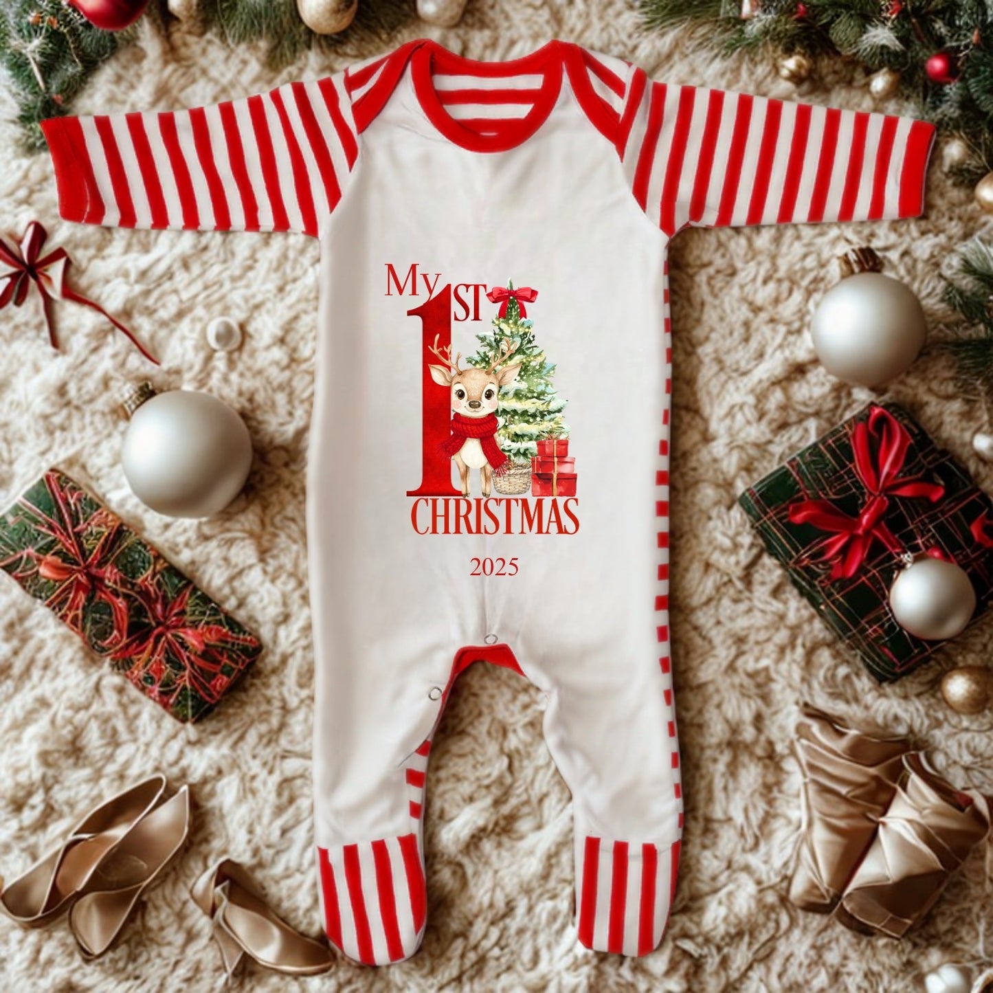 My First Christmas Baby Bib – 2025 Reindeer in Scarf Bib for Newborns & Infants