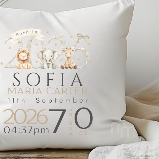 New baby gift - personalised safari cushion celebrating a baby born in 2026 with jungle animals design.