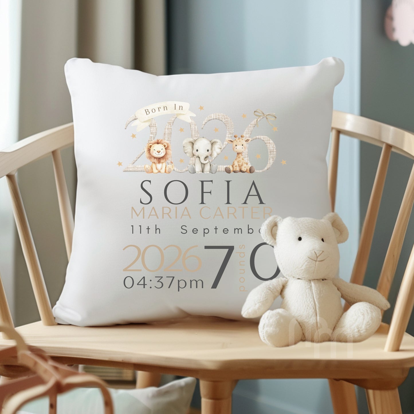 New baby gift personalised safari cushion for nursery with baby name, date, and adorable jungle animals.