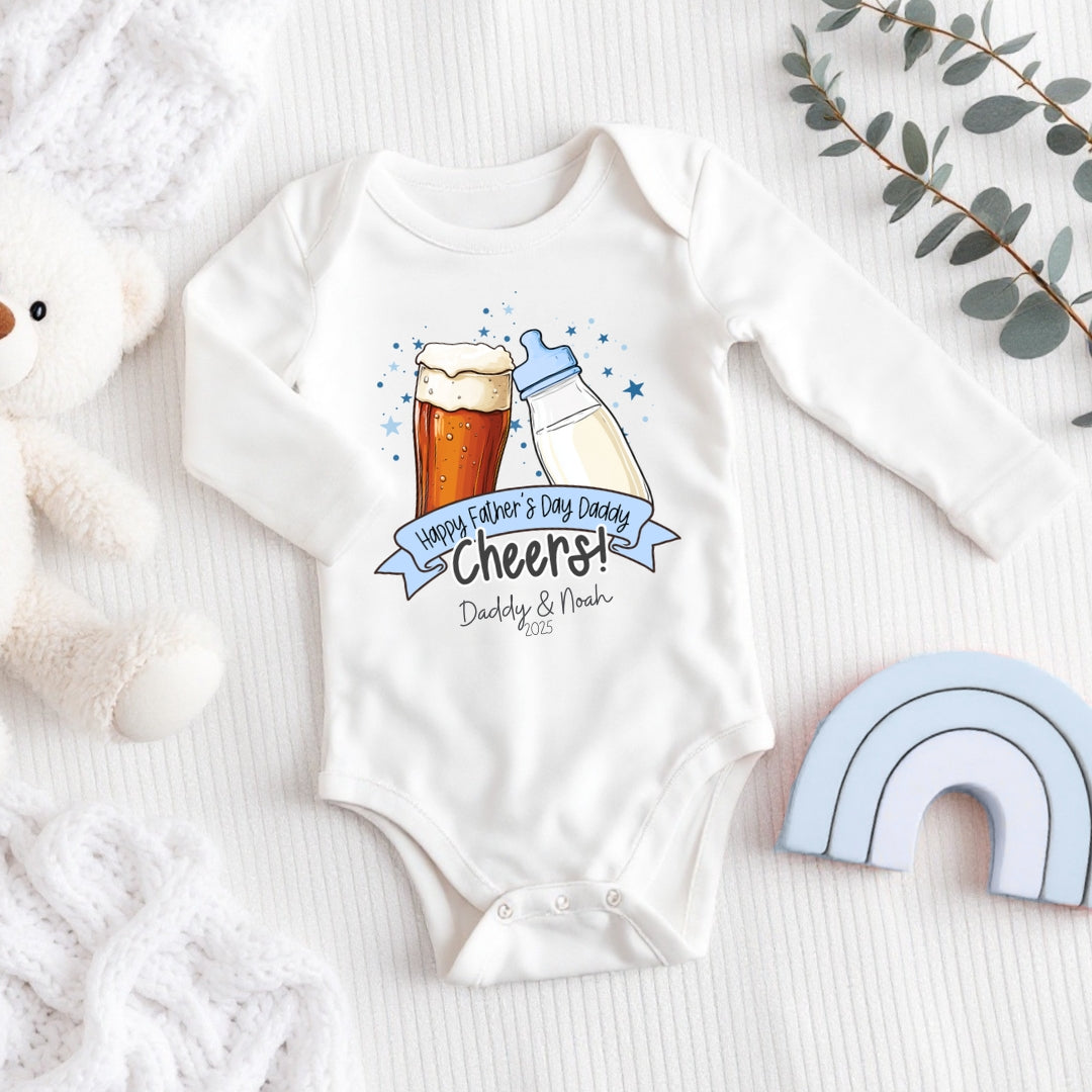 Personalised Cheers Happy First Father's Day Baby Vest