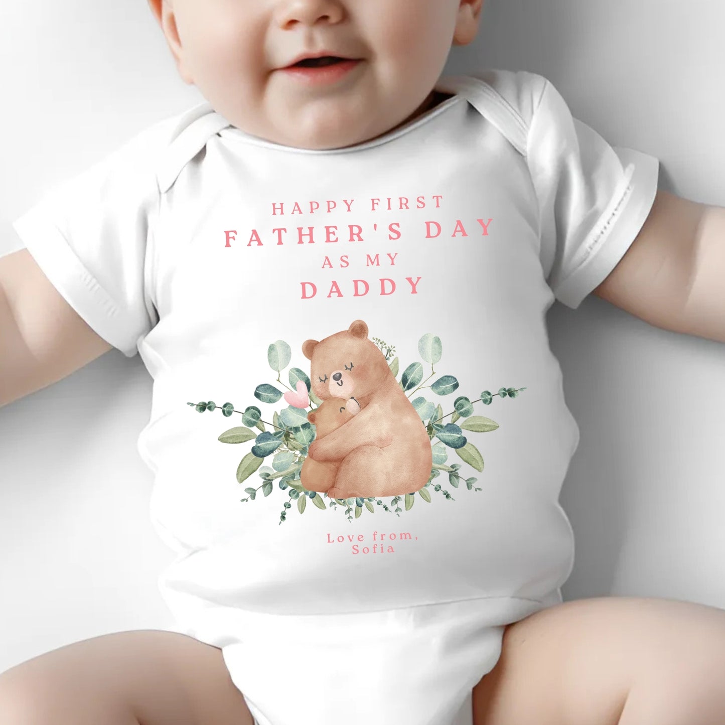 Personalised Happy First Father's Day Baby Vest - Pink Bears