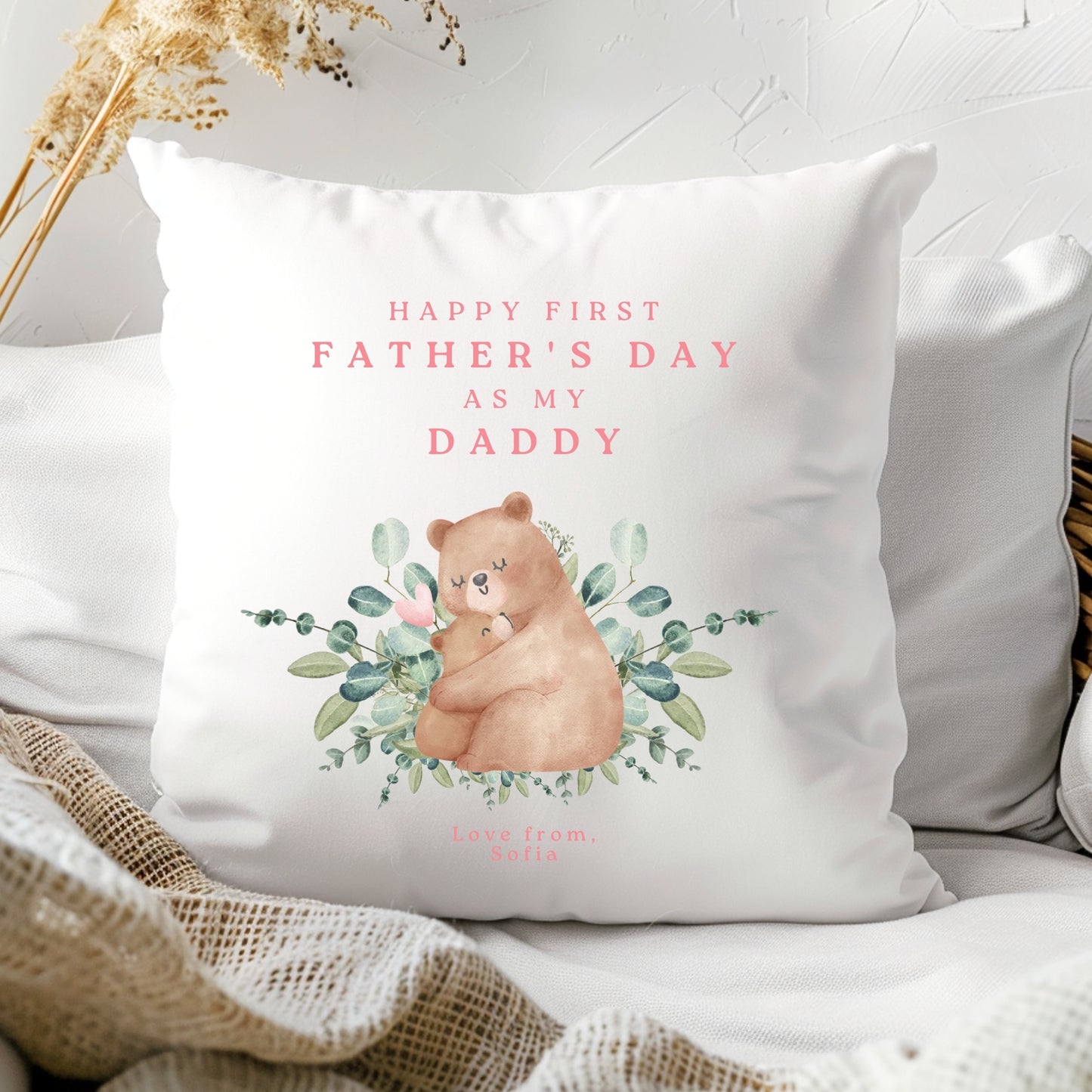 Personalised Happy First Father's Day Cushion - Pink Bears
