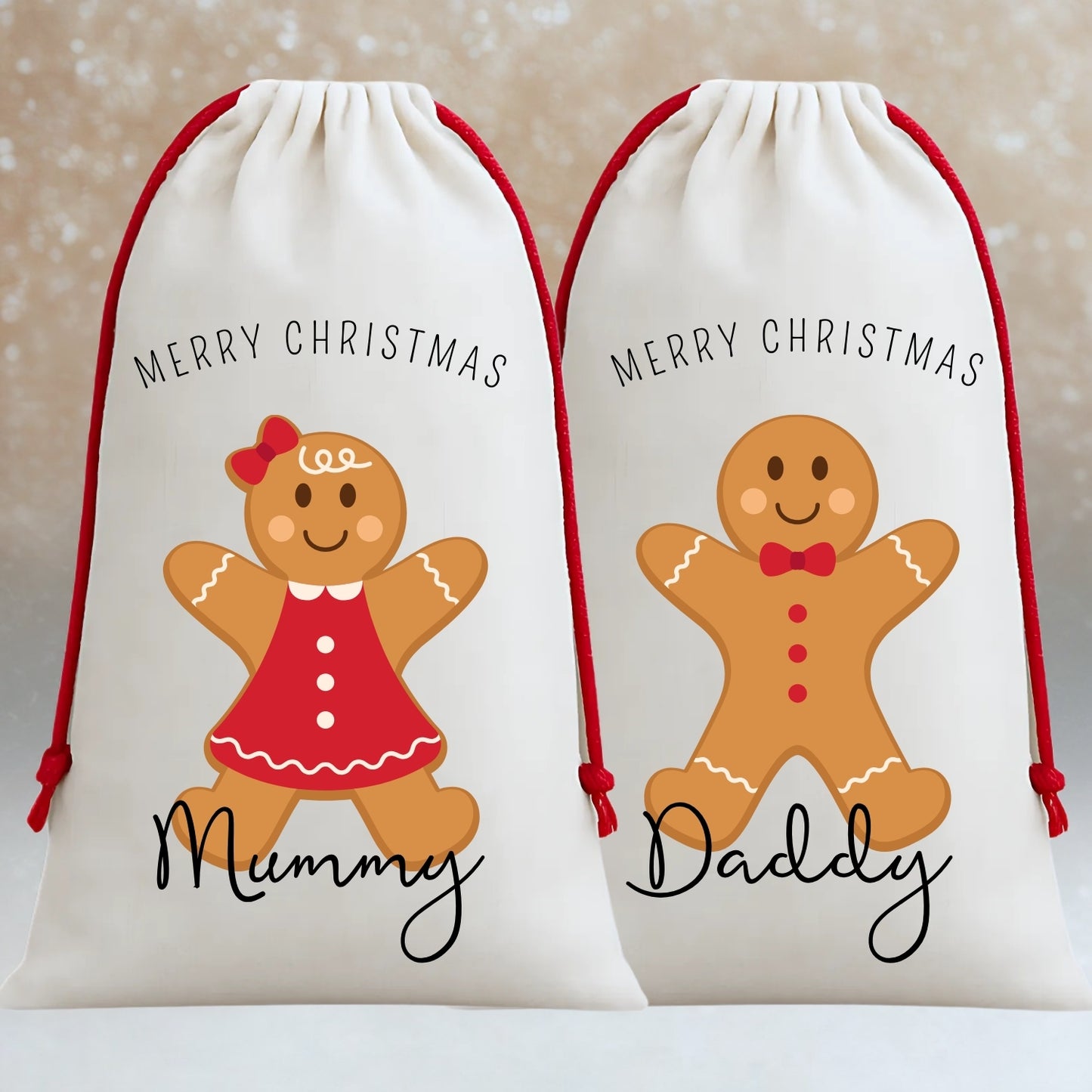Personalised Matching Family Santa Gift Sacks - Gingerbread Design