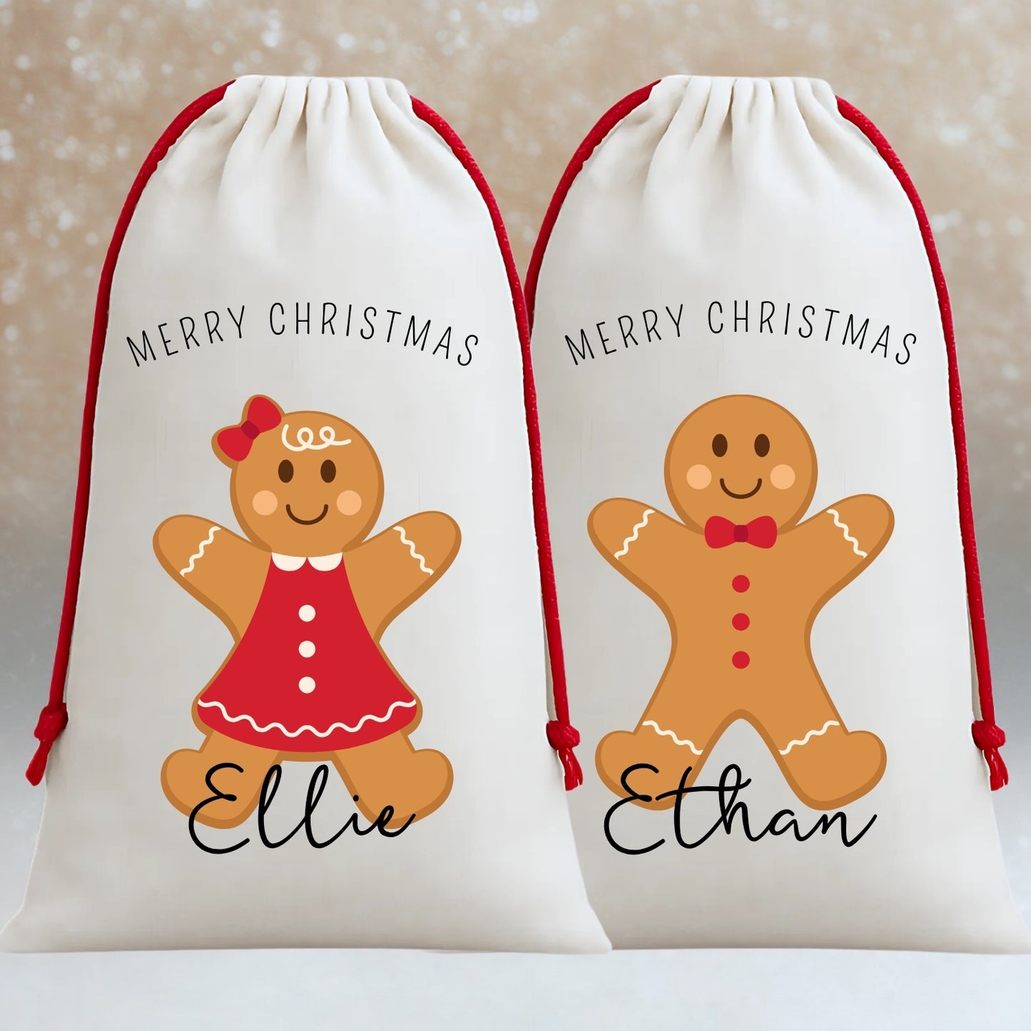 Personalised Matching Family Santa Gift Sacks - Gingerbread Design