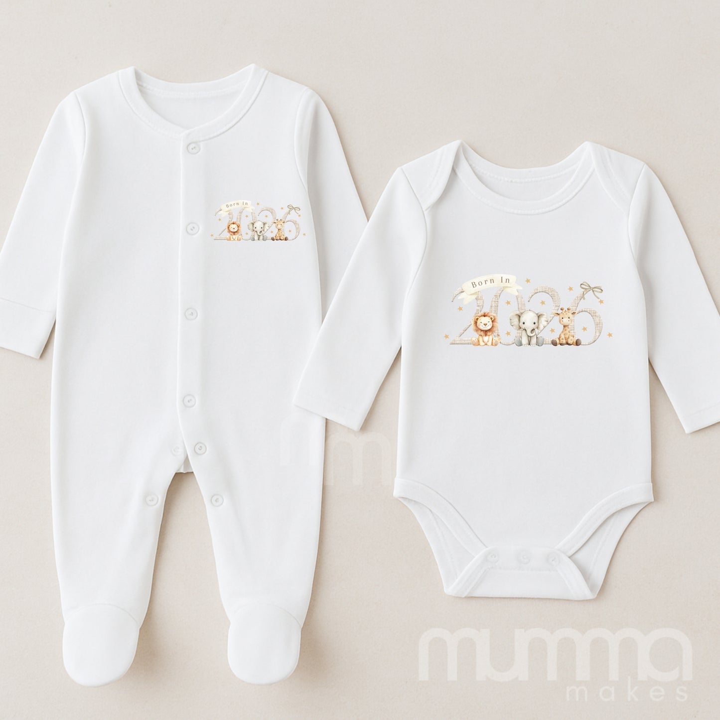 “Born in 2026” Safari Sleepsuit & Vest Gift Set