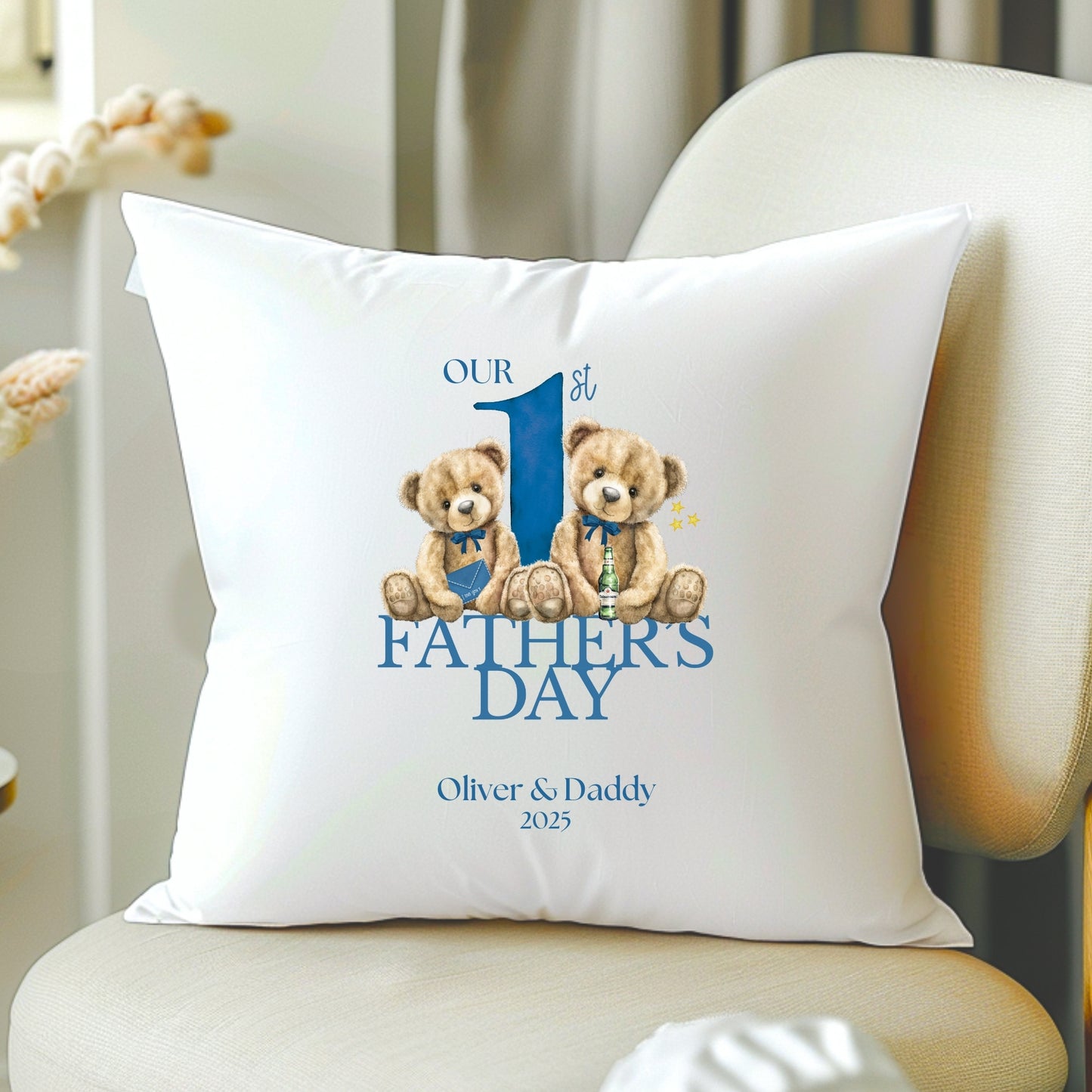Personalised First Father's Day Cushion - Blue Beer Bear