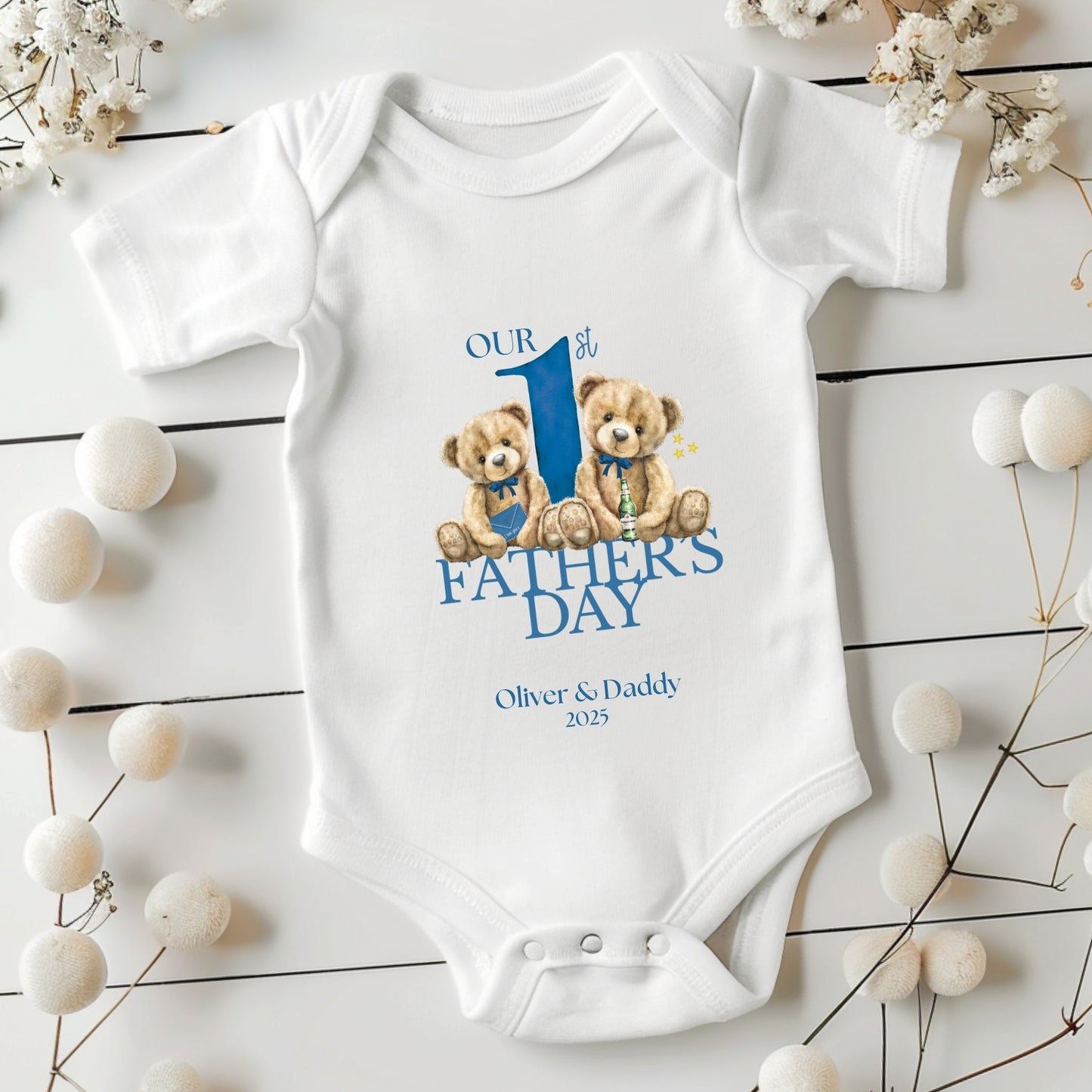Personalised First Father's Day Baby Vest - Blue Beer Bear