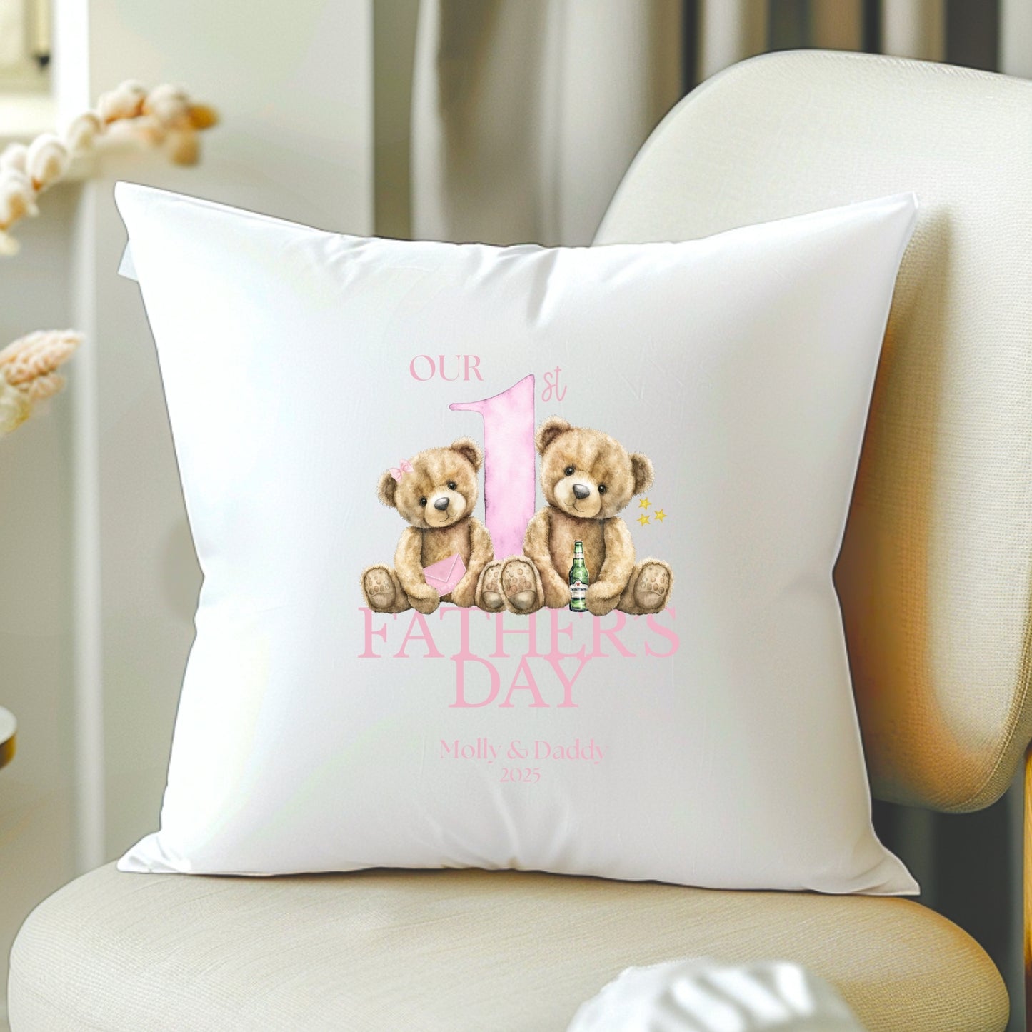 Personalised First Father's Day Cushion - Pink Beer Bear