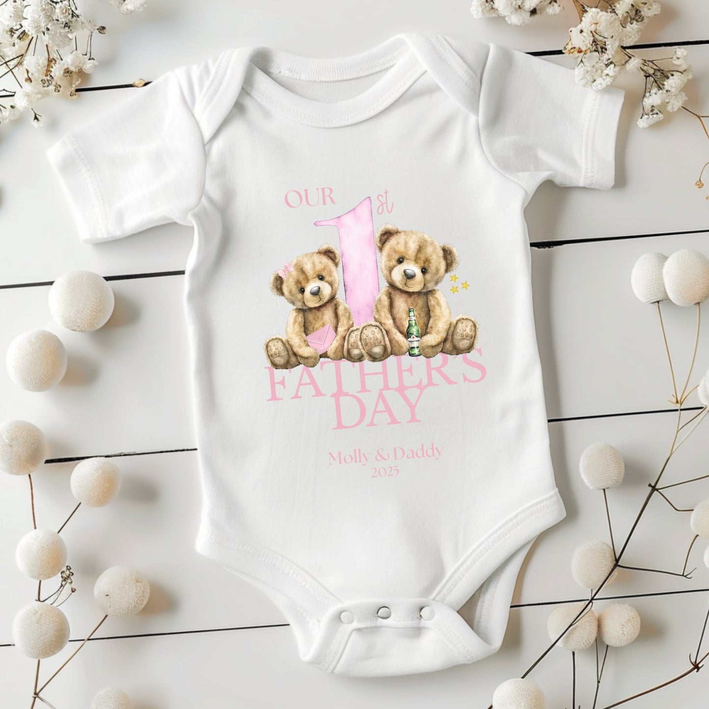 Personalised First Father's Day Baby Vest - Pink Beer Bear