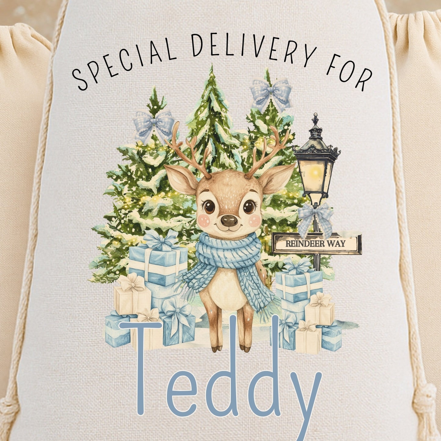 Personalised 'Special Delivery For' Luxury Santa Sack - Reindeer & Santa Design