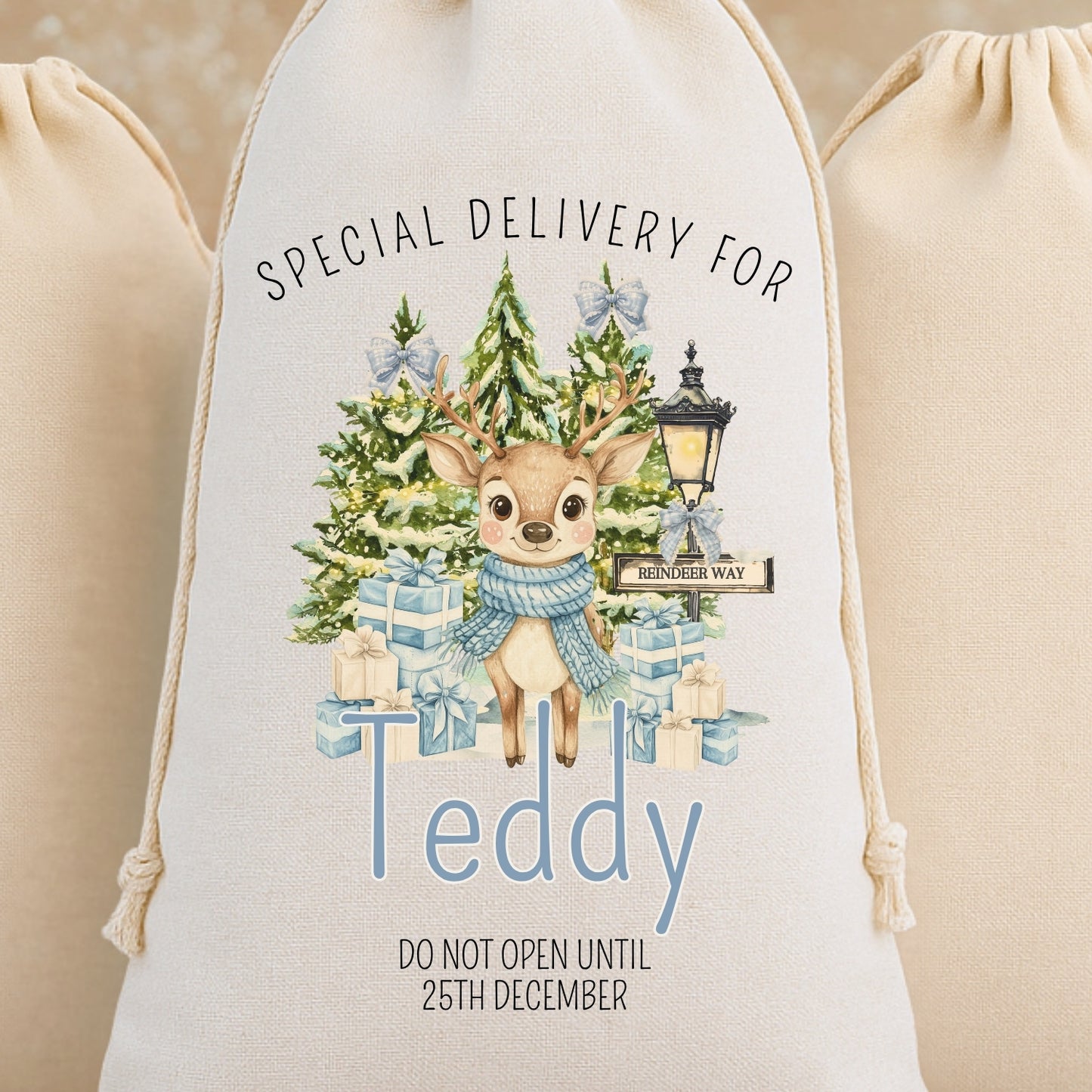 Personalised 'Special Delivery For' Luxury Santa Sack - Reindeer & Santa Design