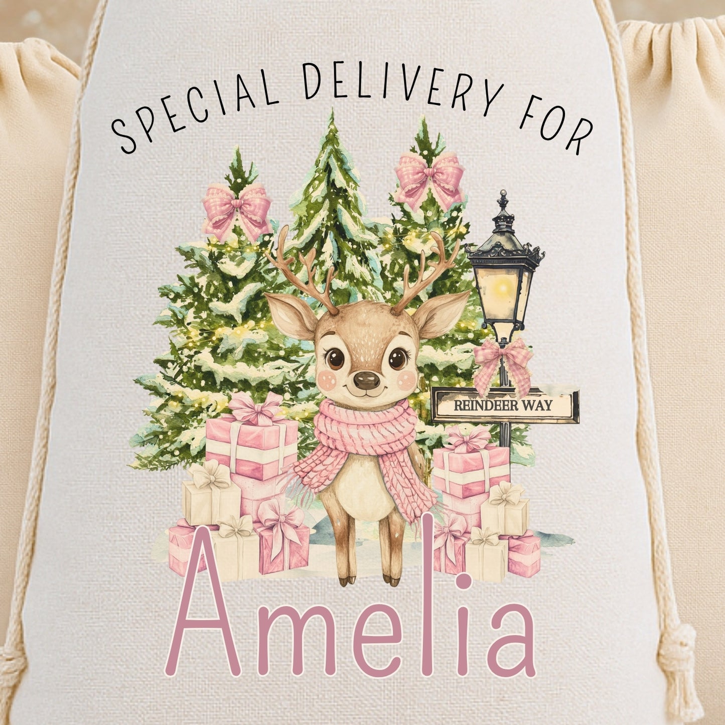 Personalised 'Special Delivery For' Luxury Santa Sack - Reindeer & Santa Design