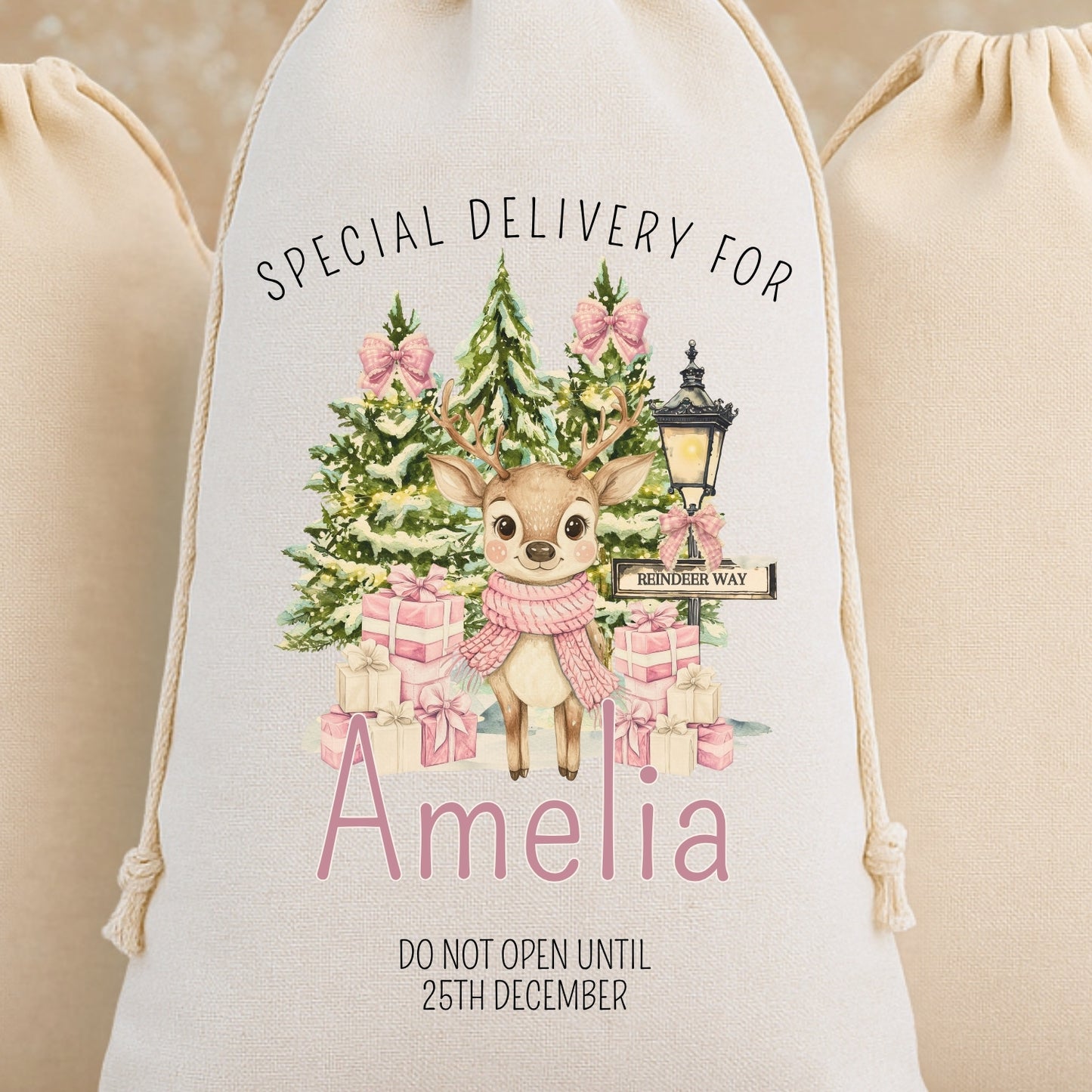 Personalised 'Special Delivery For' Luxury Santa Sack - Reindeer & Santa Design