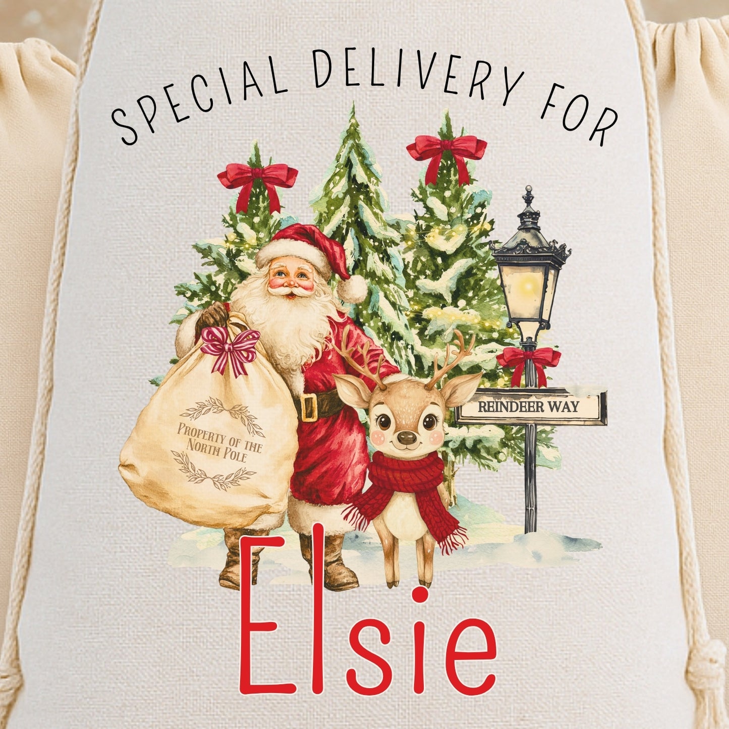Personalised 'Special Delivery For' Luxury Santa Sack - Reindeer & Santa Design
