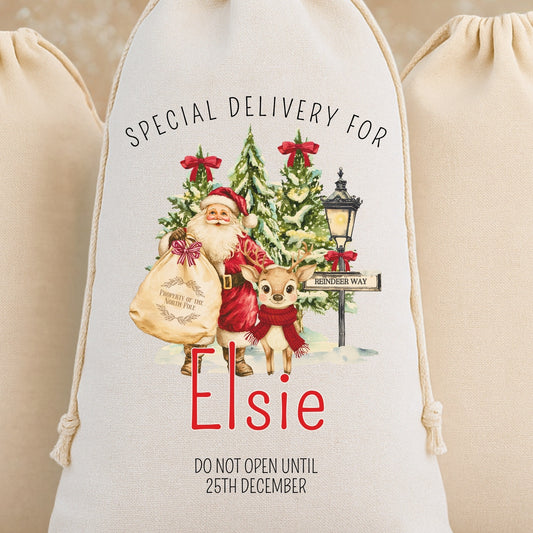 Personalised 'Special Delivery For' Luxury Santa Sack - Reindeer & Santa Design