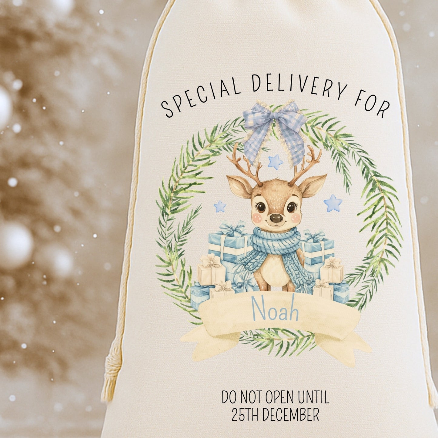Personalised 'Special Delivery For' Luxury Santa Sack - Reindeer Wreath Design