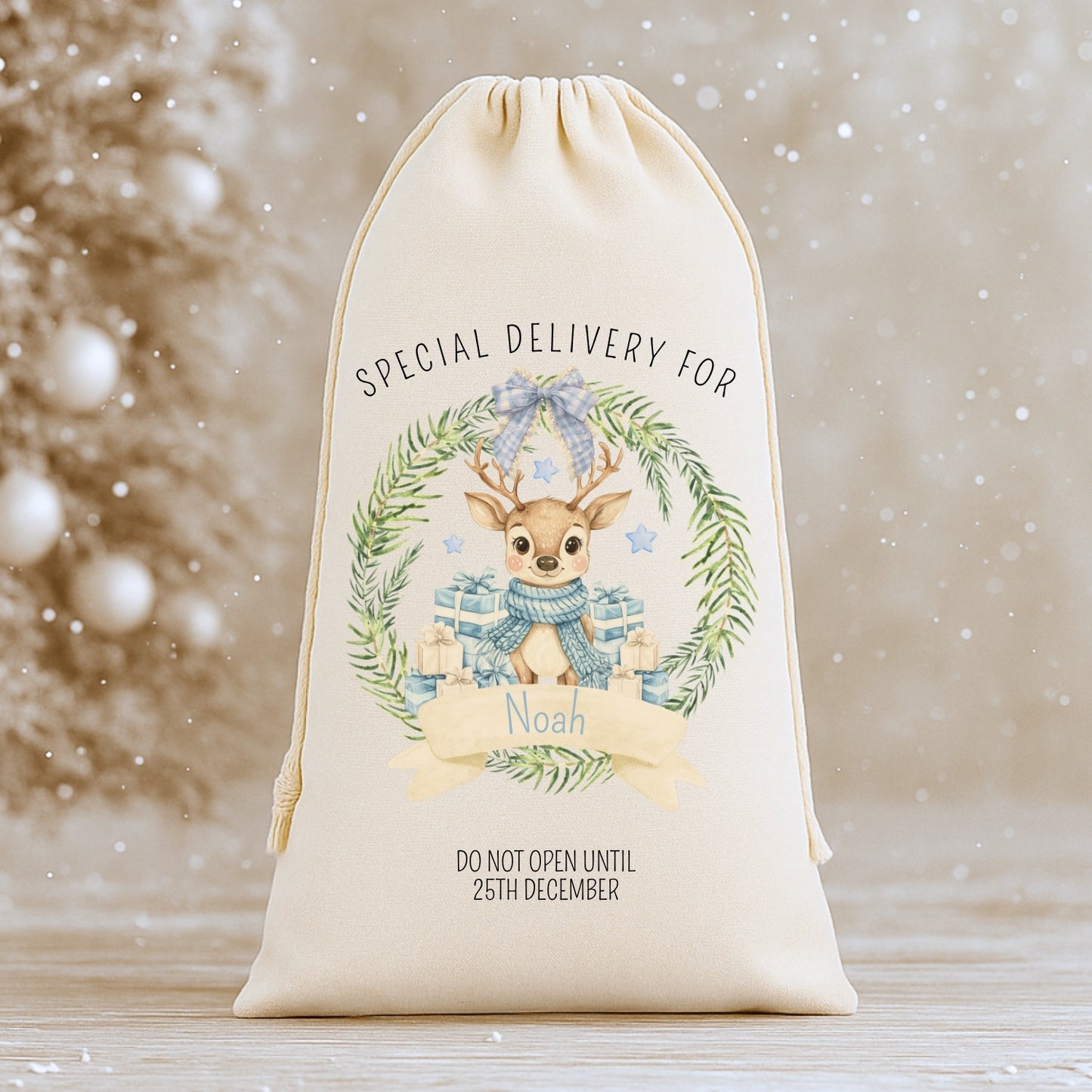 Personalised 'Special Delivery For' Luxury Santa Sack - Reindeer Wreath Design
