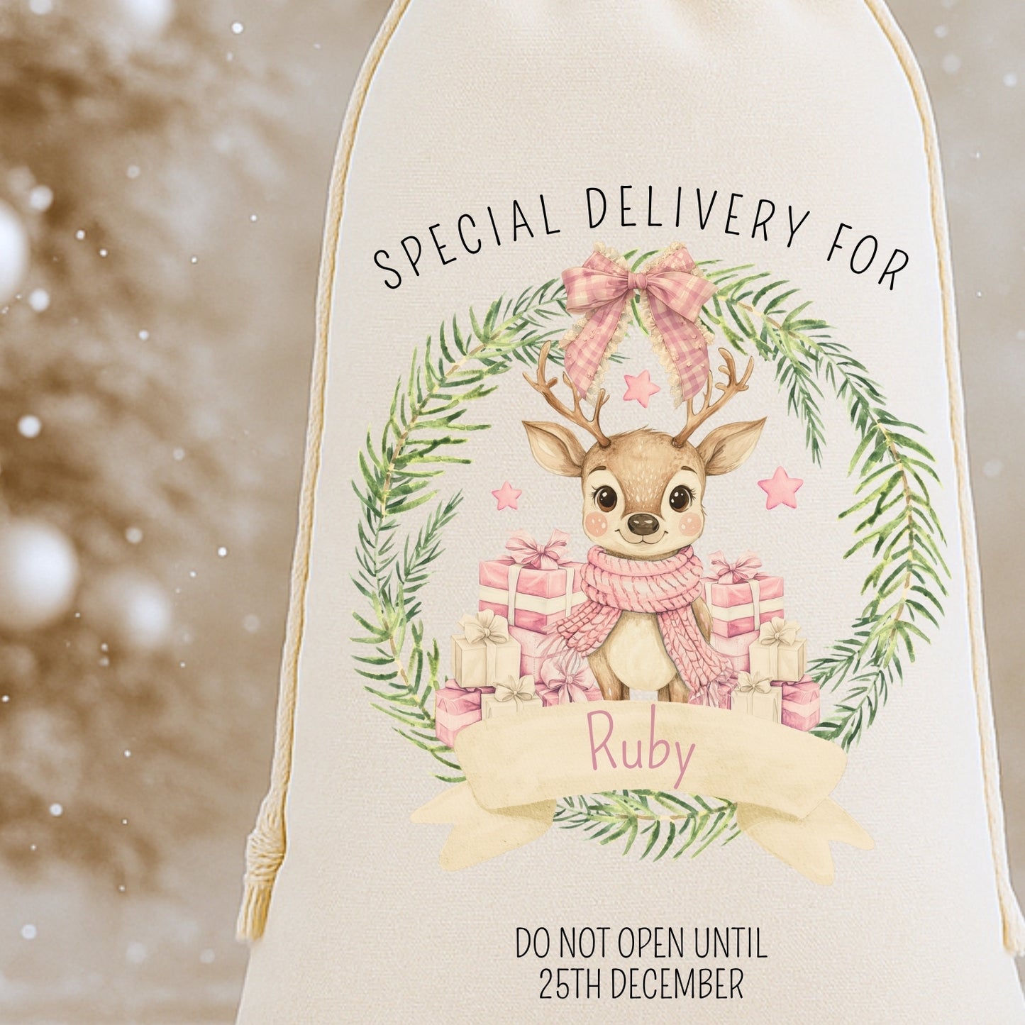 Personalised 'Special Delivery For' Luxury Santa Sack - Reindeer Wreath Design