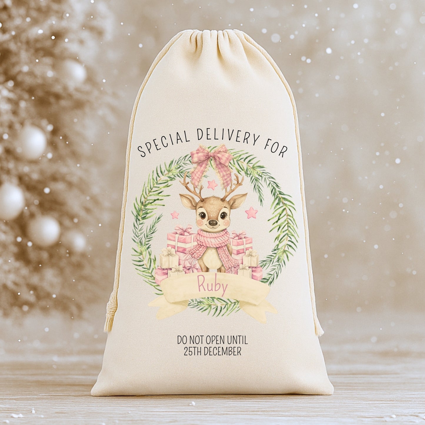 Personalised 'Special Delivery For' Luxury Santa Sack - Reindeer Wreath Design