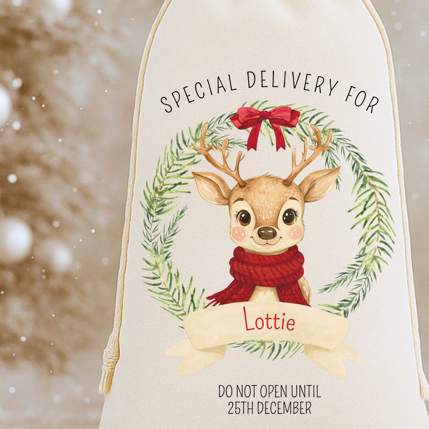 Personalised 'Special Delivery For' Luxury Santa Sack - Reindeer Wreath Design