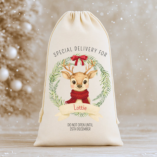Personalised 'Special Delivery For' Luxury Santa Sack - Reindeer Wreath Design
