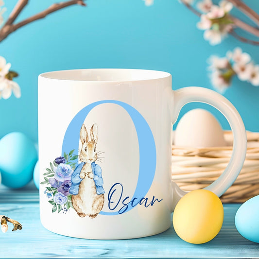 Personalised Letter & Name Easter Bunny Mug - Blue