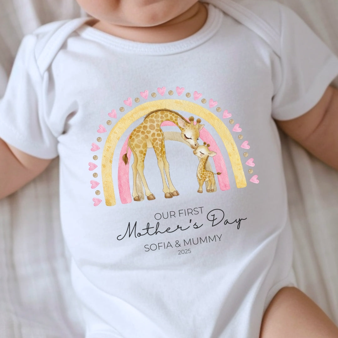 Personalised First Mother’s Day Baby Vest – Pink Boho Rainbow & Cute Giraffes
