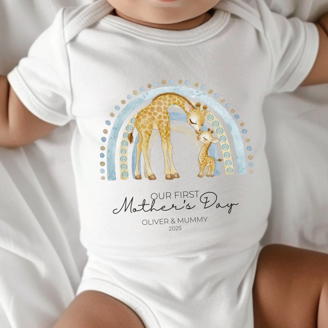 Personalised First Mother’s Day Baby Vest – Blue Boho Rainbow & Cute Giraffes