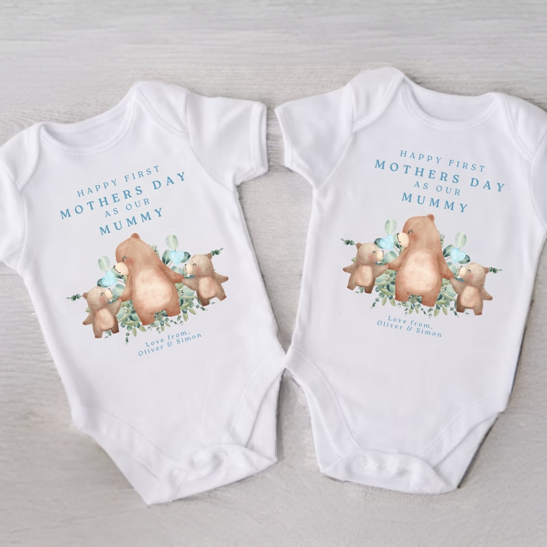 Personalised First Mother's Twin Boys Vests - Blue Bears