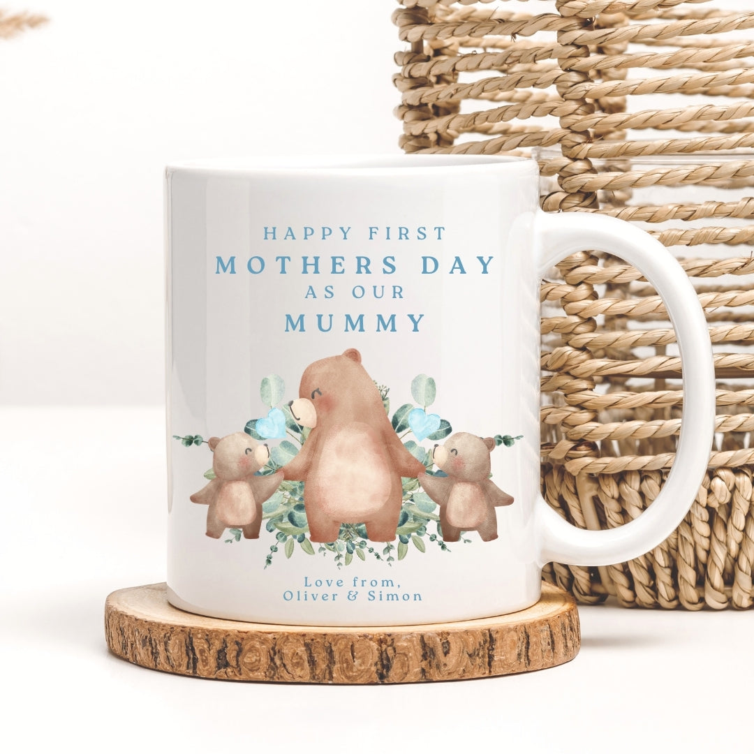 Personalised First Mother's Day Twin Boy's Gift Mug - Blue Bears
