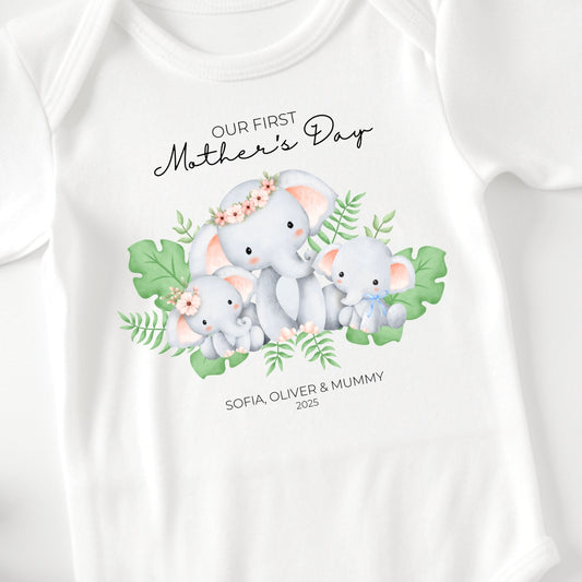 Personalised First Mother's Day Twin Girl & Twin Boy Baby Vest - Elephants