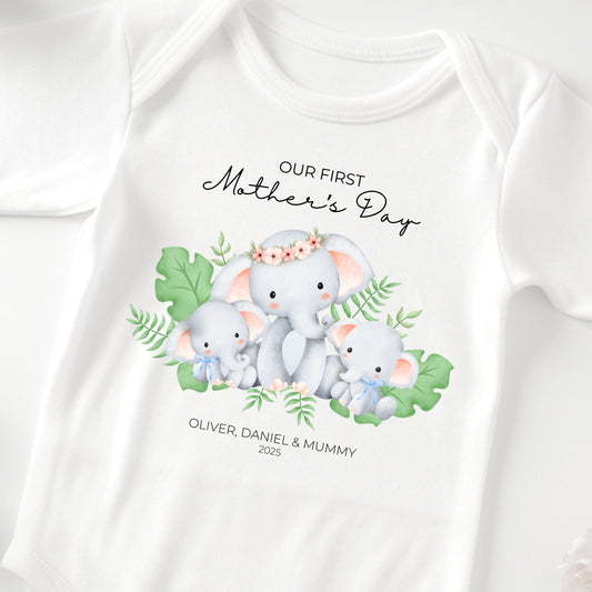 Personalised First Mother's Day Twin Boys Vest - Elephants