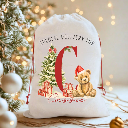 Personalised 'Special Delivery for' Monogram Christmas Teddy Santa Sack