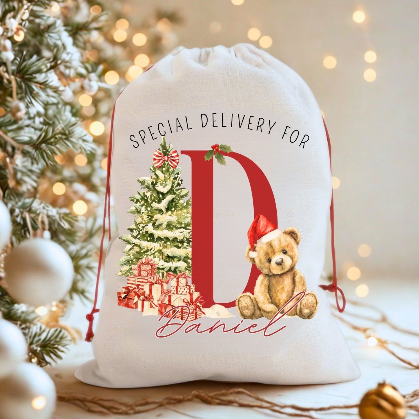 Personalised 'Special Delivery for' Monogram Christmas Teddy Santa Sack