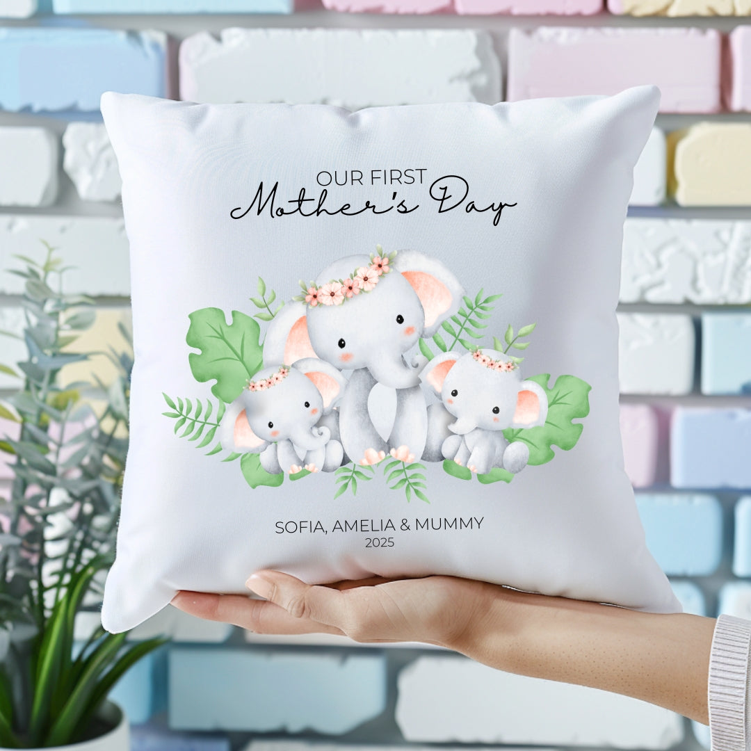 Personalised First Mother's Day Twin Girls Cushion - Pink Elephants