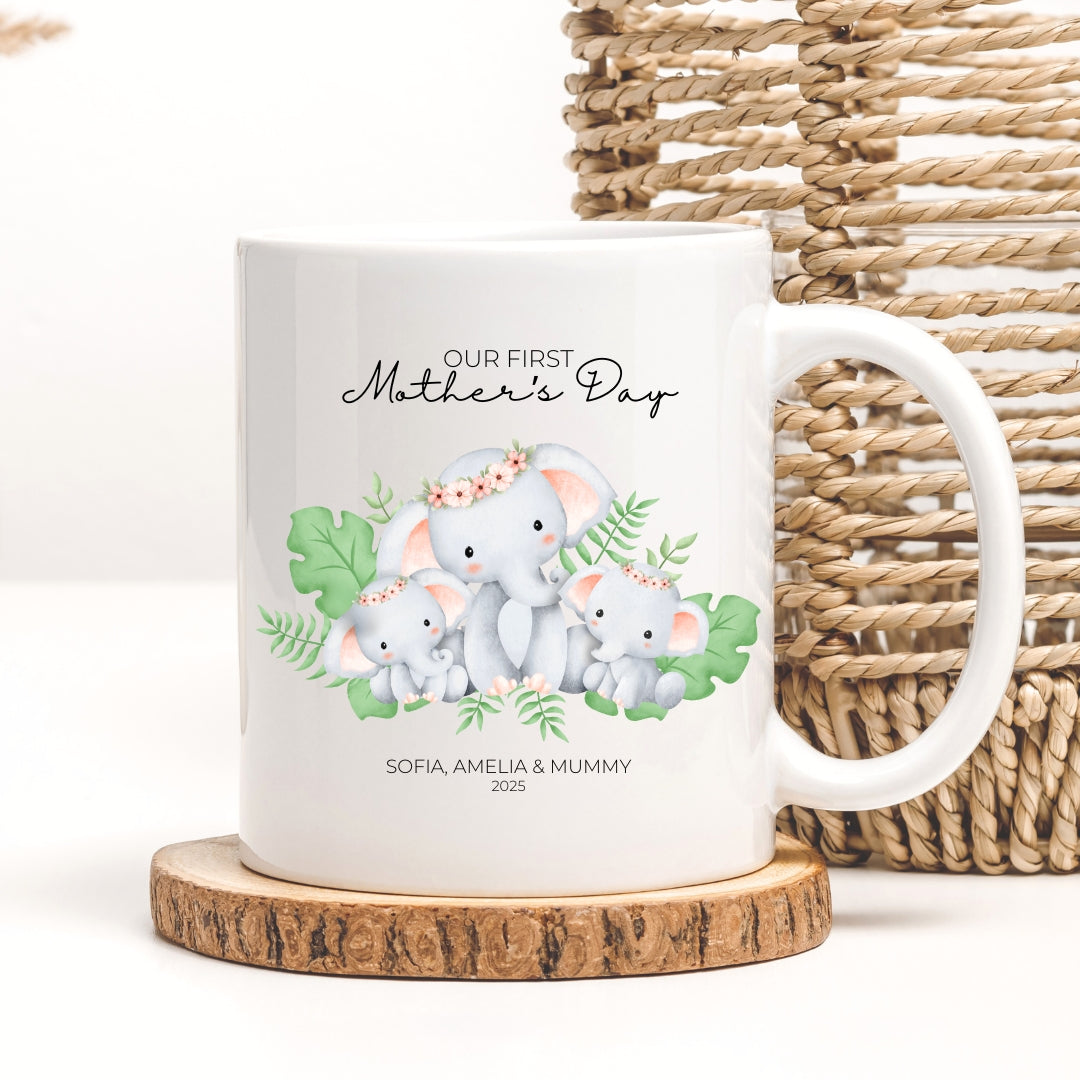 Personalised First Mother's Day Twin Girls Gift Mug - Pink Elephants