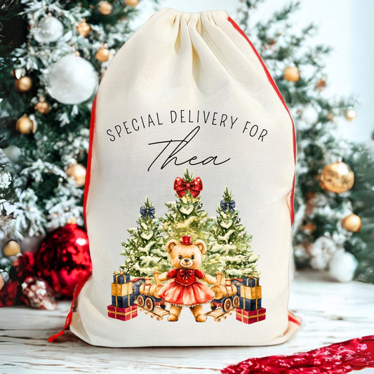 Personalised 'Special Delivery For' Nutcracker Teddy Santa Sack