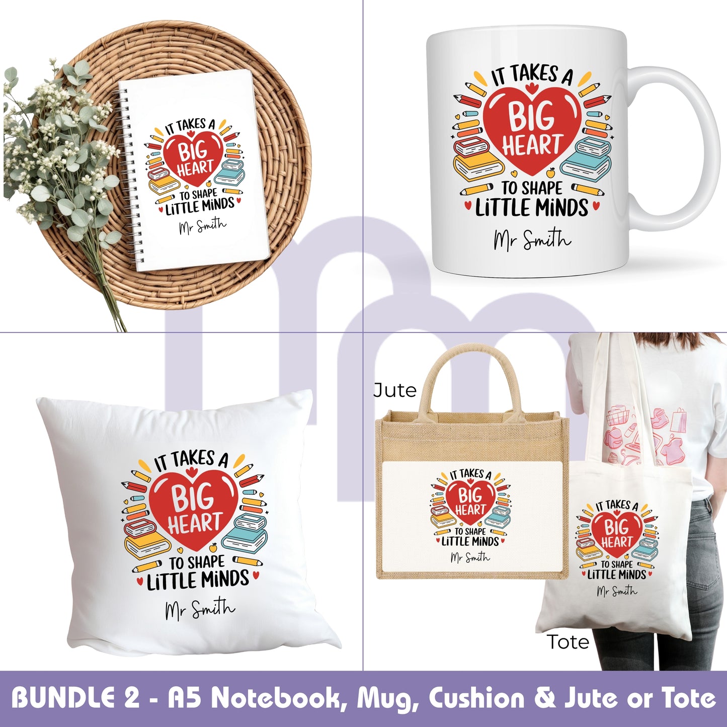 Personalised Big Heart to teach Little Minds Teacher Gift Hearts & Books Design - Tote Bag