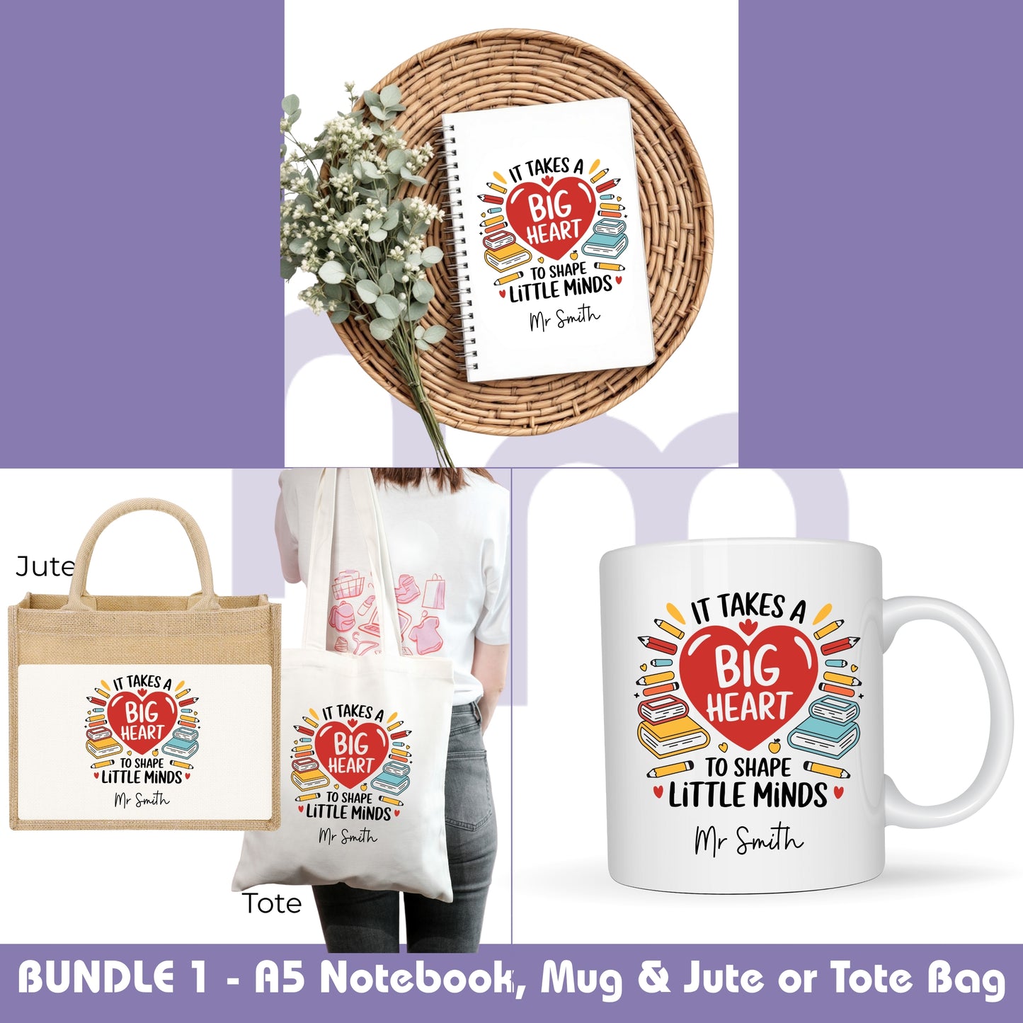 Personalised Big Heart to teach Little Minds Teacher Gift Hearts & Books Design - Tote Bag