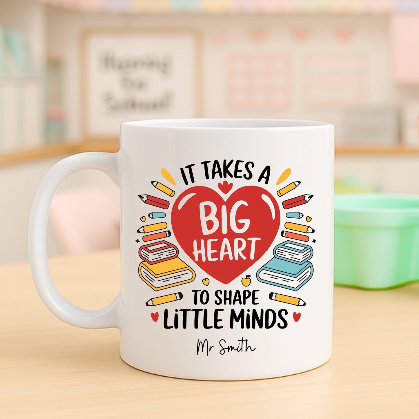 Personalised Big Heart to teach Little Minds Teacher Gift Hearts & Books Design - Tote Bag