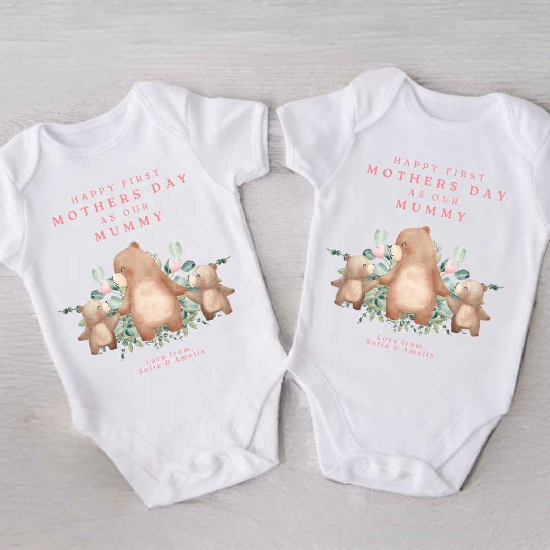 Personalised Twin Girl First Mother's Day Baby Vests - Pink Bears
