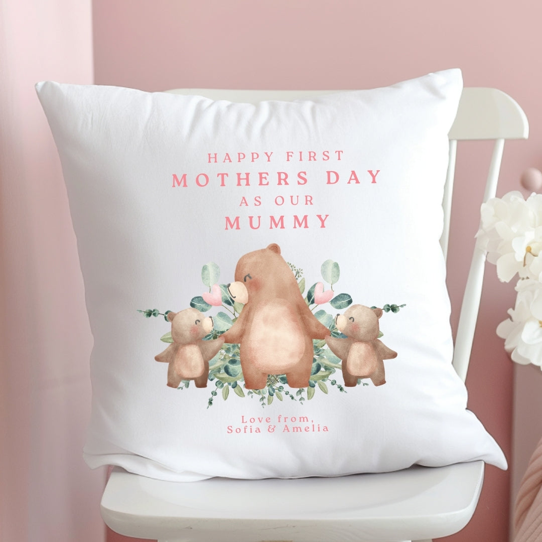 Personalised Twin Girl First Mother's Day Cushion - Pink Bears
