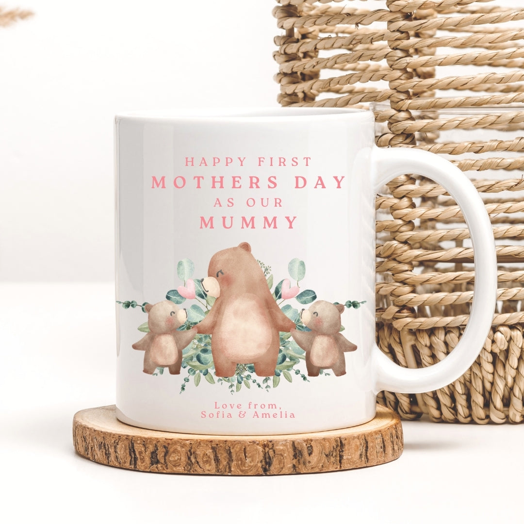 Personalised Twin Girls First Mother's Day Gift Mug - Pink Bears