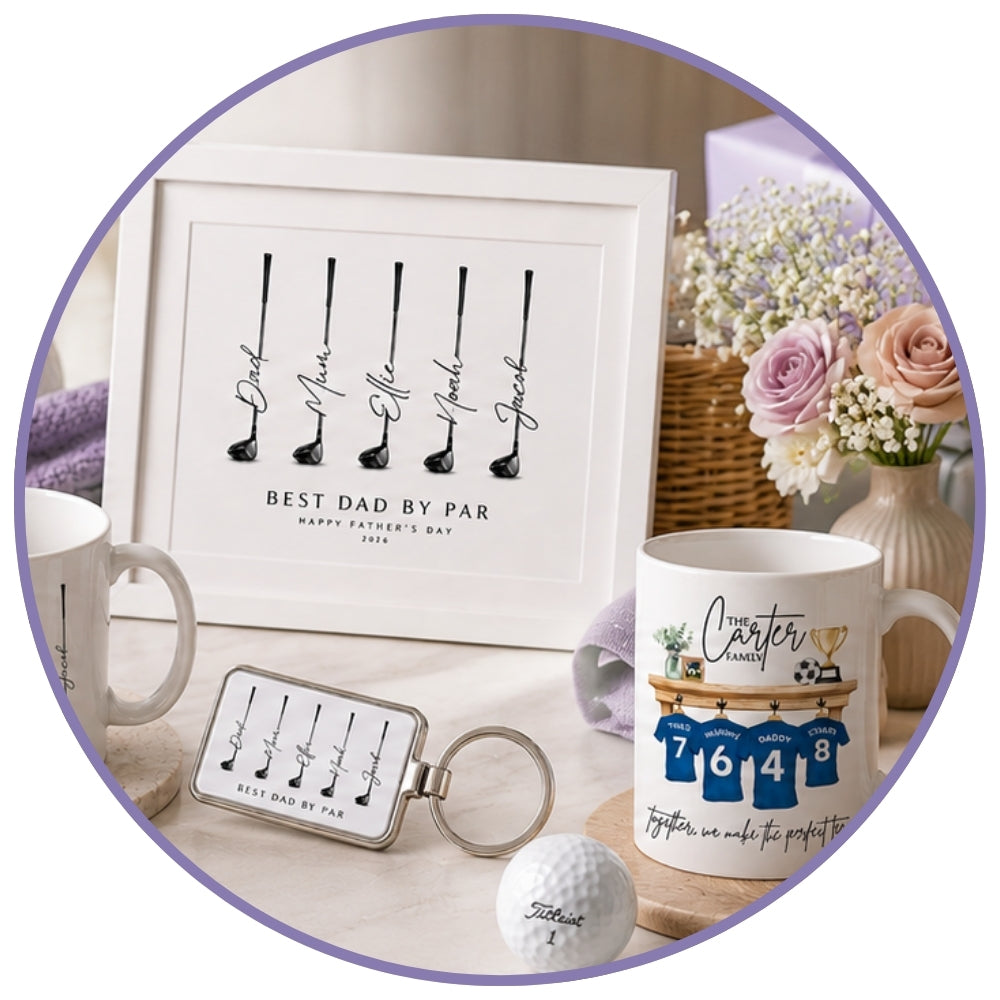 Gifts for Sports Lovers collection featuring personalised golf-themed mugs, prints, and keepsakes.