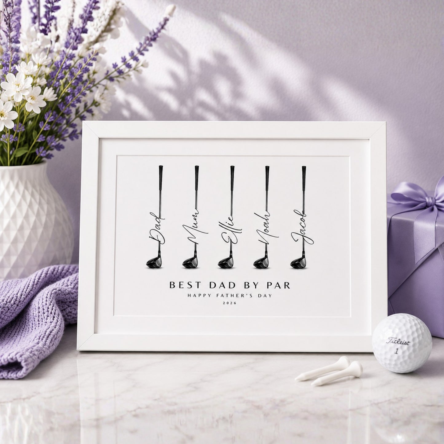 Personalised Print for Golf Lovers featuring golf club illustrations and customised names for a meaningful gift.