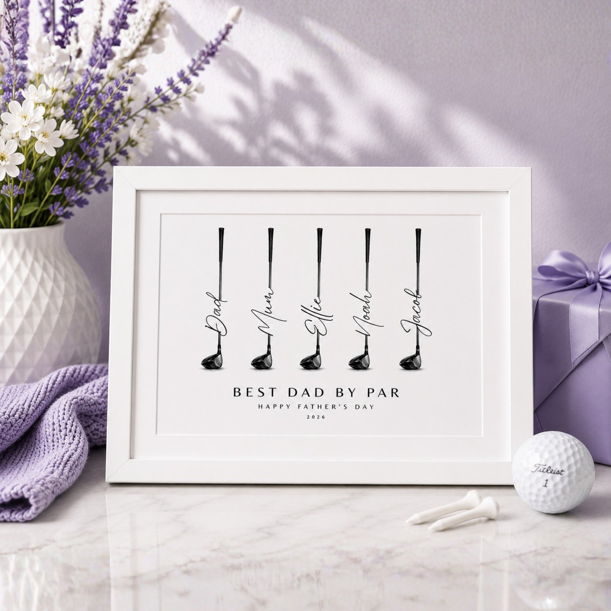 Personalised Print for Golf Lovers featuring golf club illustrations and customised names for a meaningful gift.
