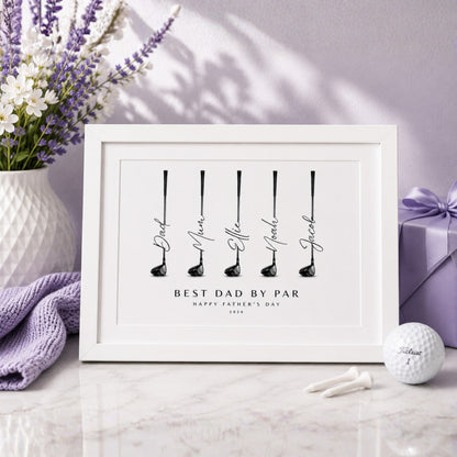 Personalised Print for Golf Lovers featuring golf club illustrations and customised names for a meaningful gift.
