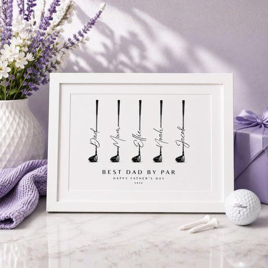 Personalised Print for Golf Lovers featuring golf club illustrations and customised names for a meaningful gift.
